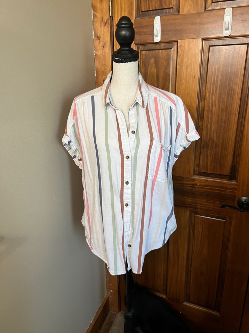 SO White Button-Up Shirt with Rust and Sage Stripes